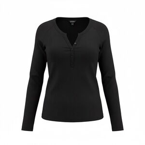 George Black Long Sleeve Henley Buttoned Top Size M Minimalist Casual Ribbed